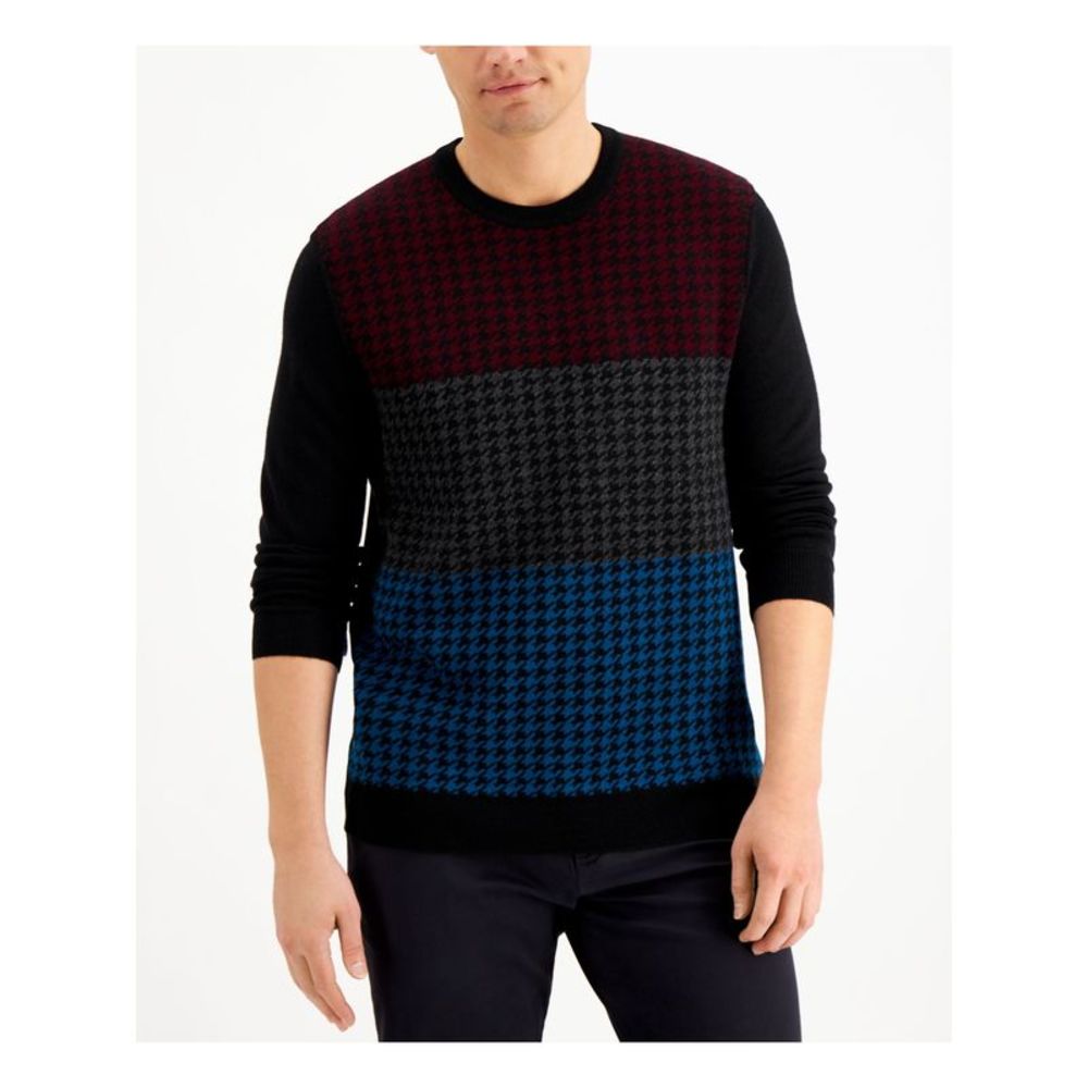 CLUBROOM Mens Black Houndstooth Crew Neck Pullover Sweater M
